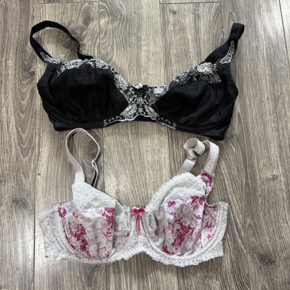 Lot Of 2 Womens 32DDD Underwire Unlined Lace Floral Bras Black Pink Romantic